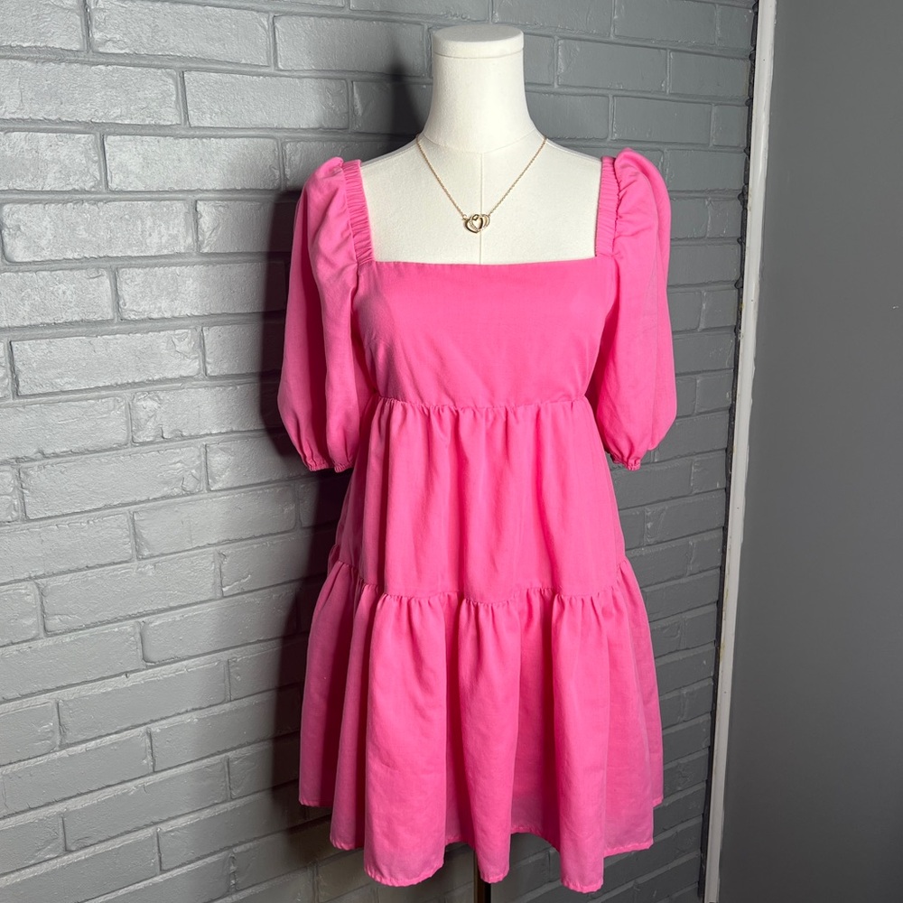 OWNGIGI Women's Pink Summer Dress Square Neck Puffy Short Sleeve Loose Tie Back